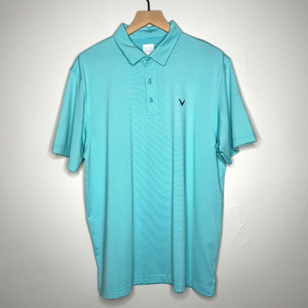 Callaway Mens Polo T-Shirt Large Aqua Blue Striped Golf Opti-Dri Outdoors Preppy